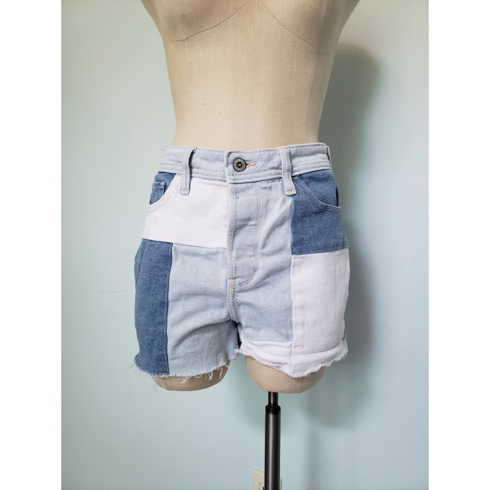 Hollister Womens 5 27 Jean Mom Shorts Lgt Blue Patchwork Denim Ultra High‎ Rise